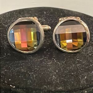 Vintage-MCM-Dante round silver tone prism rivoli glass bullet back cuff links